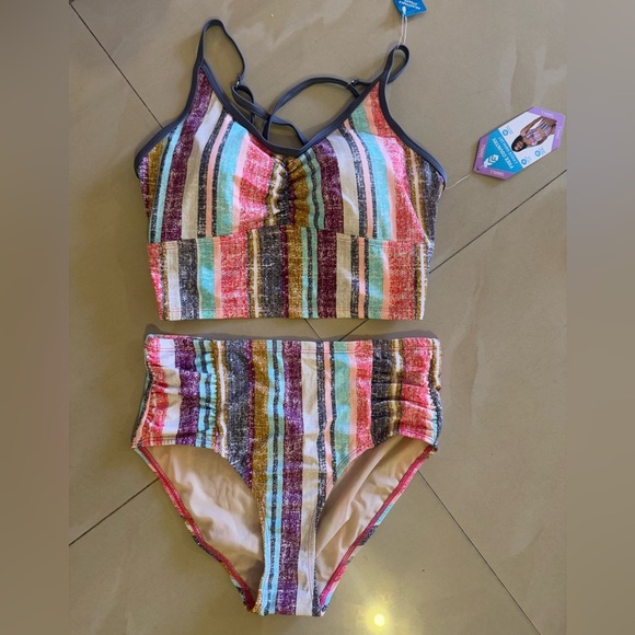 Free Country Striped Retro Bikini Swimsuit front High Waist High Cut Legs S-4/6 - Picture 3 of 14